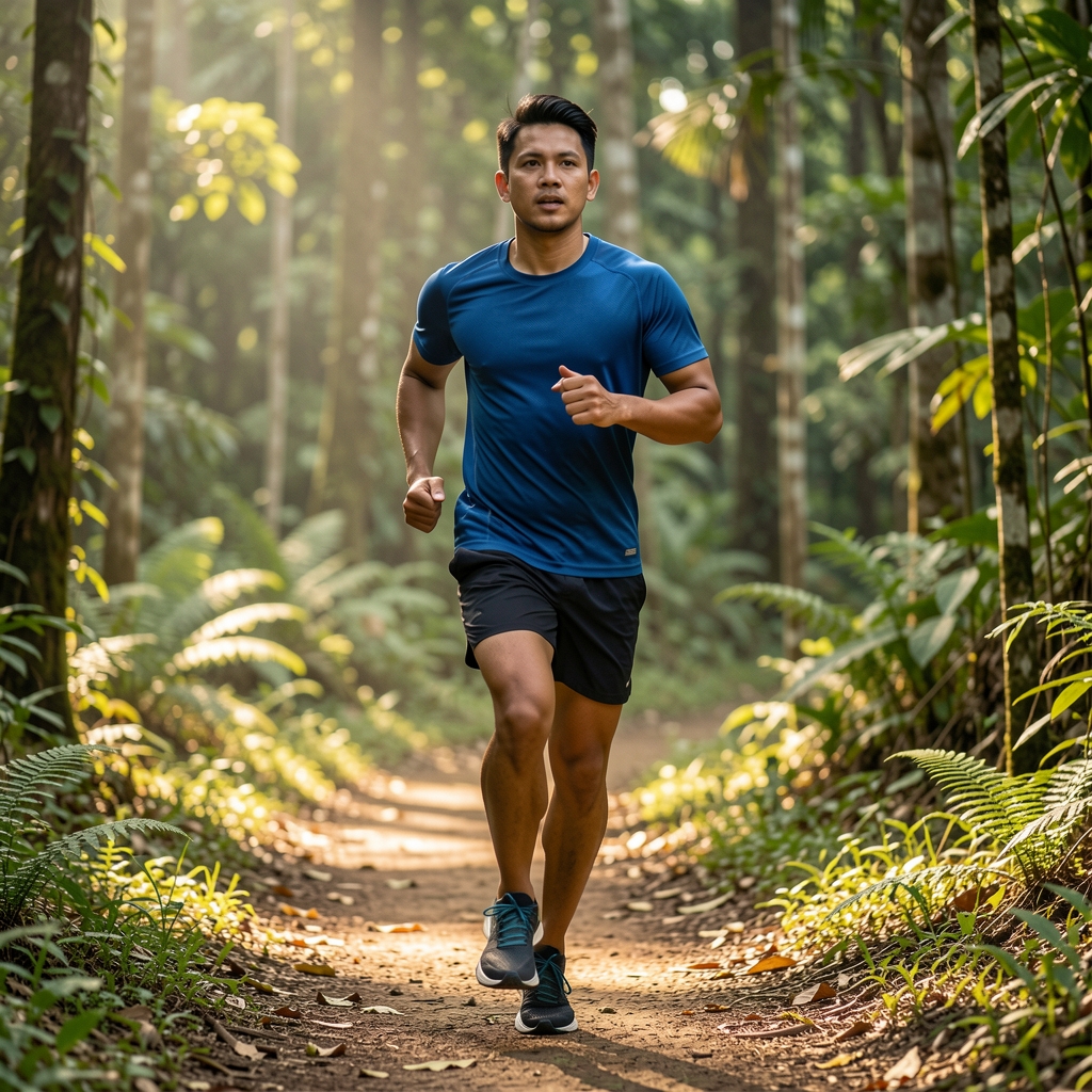 Active male contributor photographed outdoors on a trail in Jakarta, wearing athletic gear, captured mid-stride in morning light