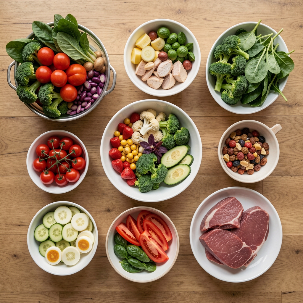 Overhead view of a balanced whole-food meal prep layout on a wooden kitchen counter with fresh vegetables and lean protein