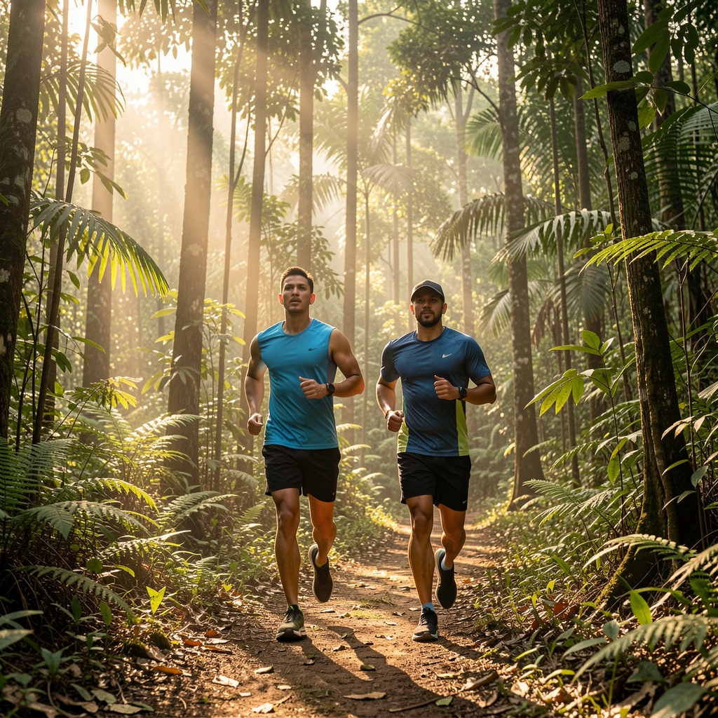 Two men on a morning trail run through Bogor hill forest with early sunlight filtering through tropical tree canopy