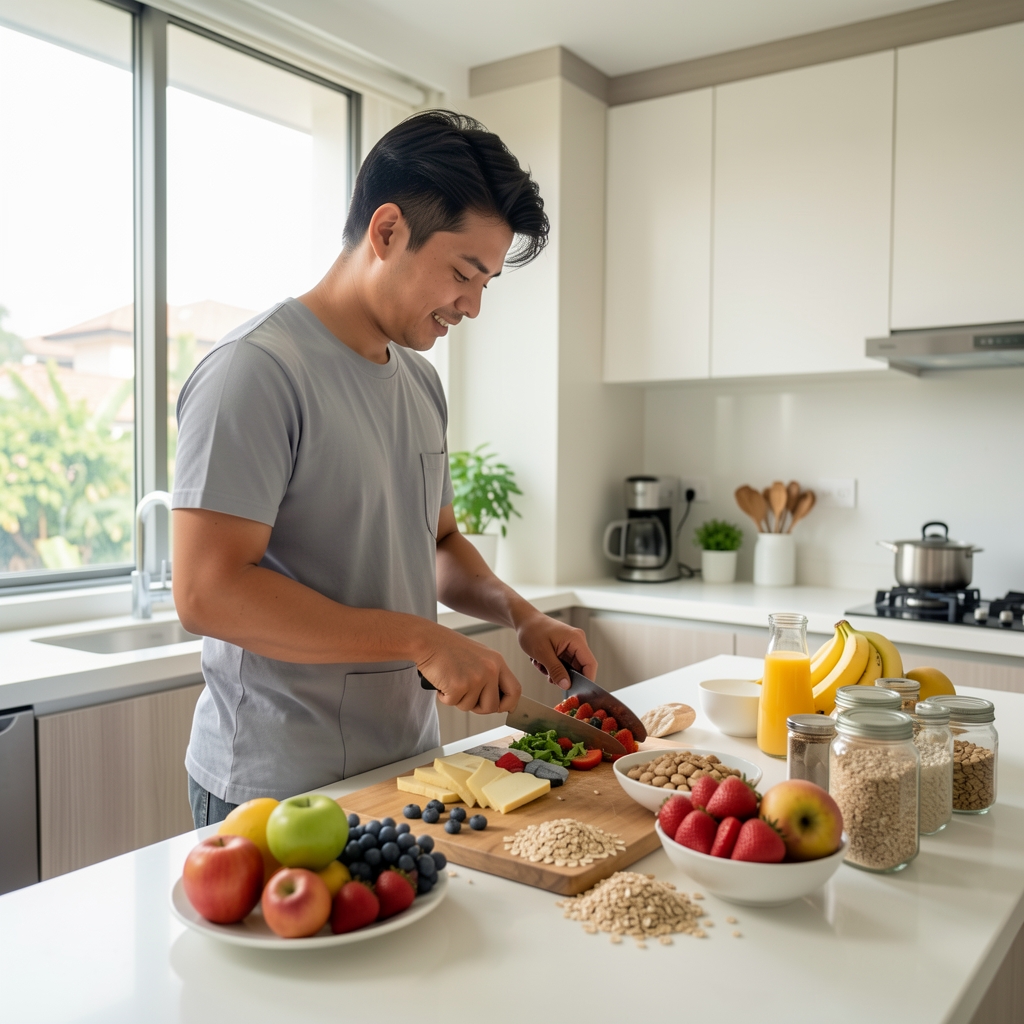 An active man preparing a whole-food breakfast in a bright modern Jakarta kitchen, morning light streaming through large windows, fresh fruits and whole grains on the counter