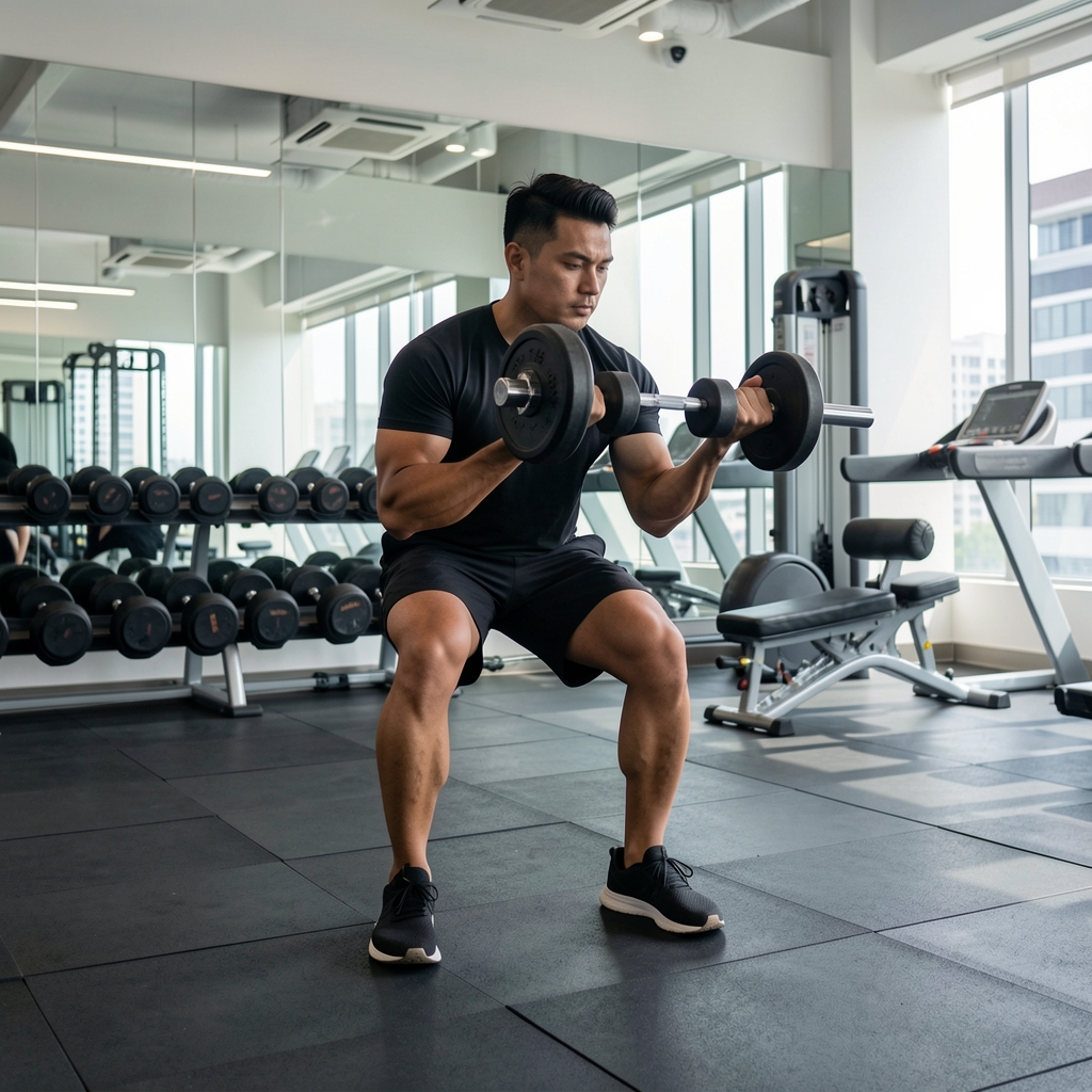 Man performing strength training exercises with free weights in a clean modern gym, focused posture, Jakarta urban gym environment with natural lighting