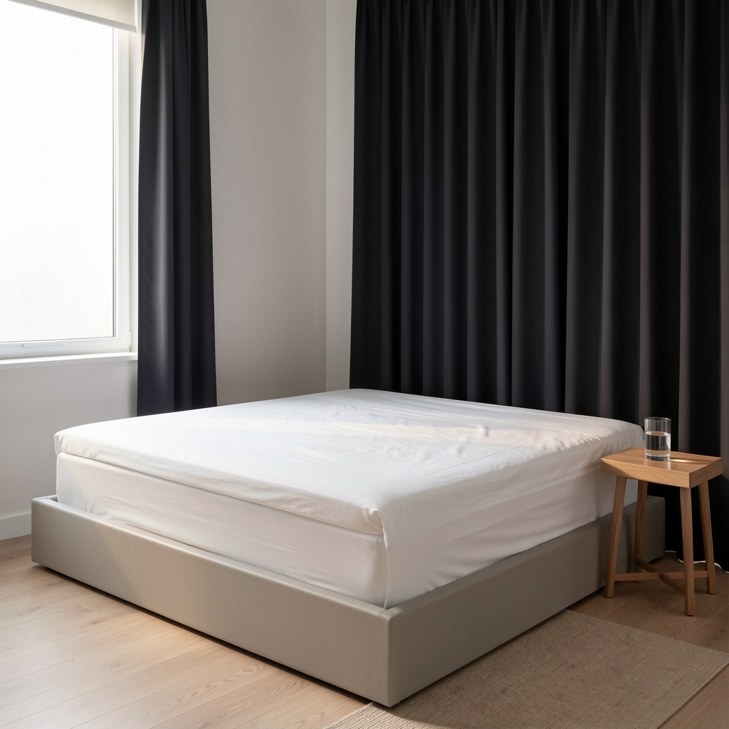 A clean, minimal bedroom setup with blackout curtains, a firm mattress with white linen, and a beside table with a glass of water, photographed in soft early morning light
